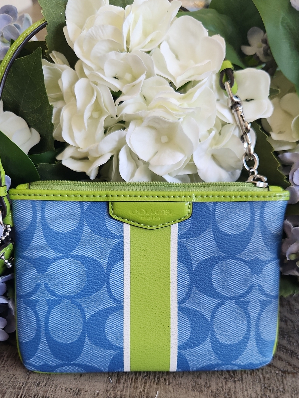 Coach Blue Signature Canvas Clutch with Lime Green Stripe